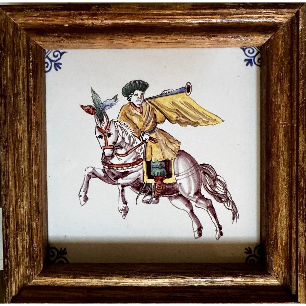 Vintage Royal Makkum Tichelaar Ceramic Tile Painting Horse Rider Wood Frame